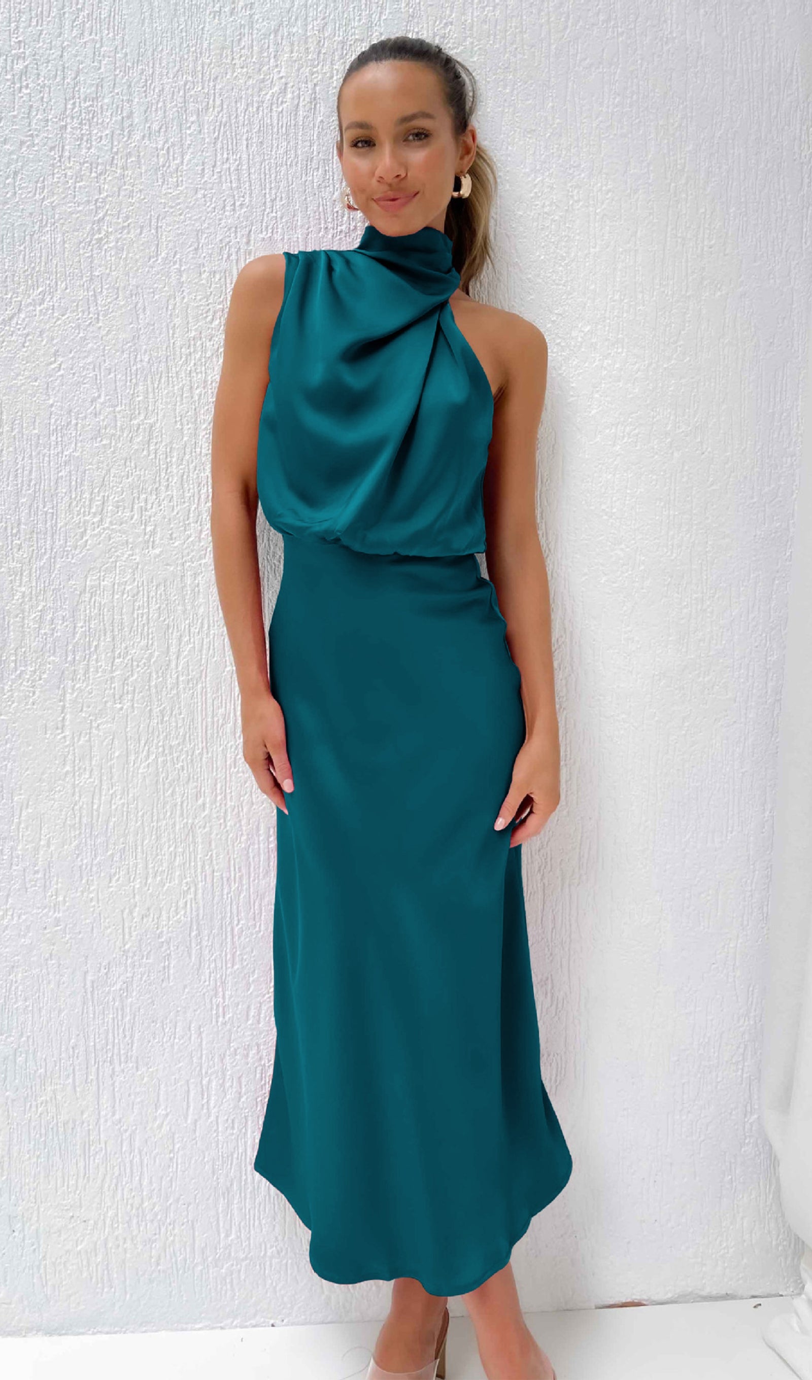 Asymmetric Satin Midi Dress