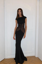 Boat-Neck Sleeveless Mesh Splicing Bodycon Dress