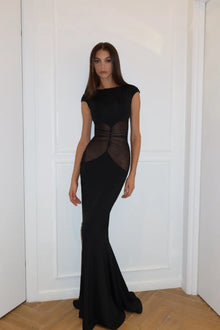 Boat-Neck Sleeveless Mesh Splicing Bodycon Dress