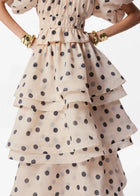 Polka Dot Lantern Sleeve Ruched Waist Top Tiered Skirt Set