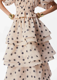 Polka Dot Lantern Sleeve Ruched Waist Top Tiered Skirt Set