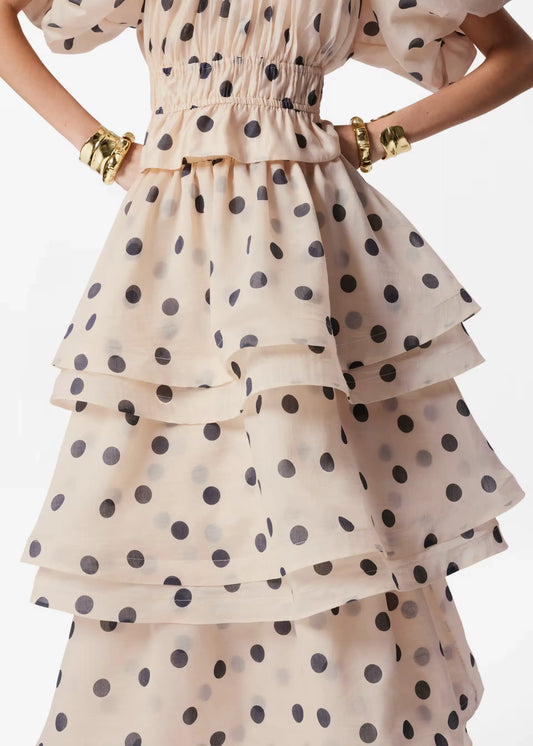 Polka Dot Lantern Sleeve Ruched Waist Top Tiered Skirt Set