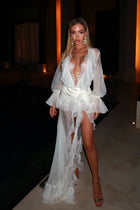 Lace Deep V-Neck Long-Sleeve Ruched-Waist Ruffle Dress