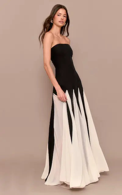 Black and White Pleated Chiffon Maxi Dress