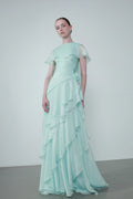 Cap-Shoulder Crew-Neck Floral-Appliqué Waist Tiered Maxi Dress