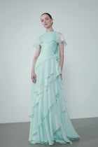 Cap-Shoulder Crew-Neck Floral-Appliqué Waist Tiered Maxi Dress