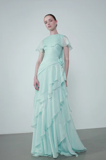 Cap-Shoulder Crew-Neck Floral-Appliqué Waist Tiered Maxi Dress