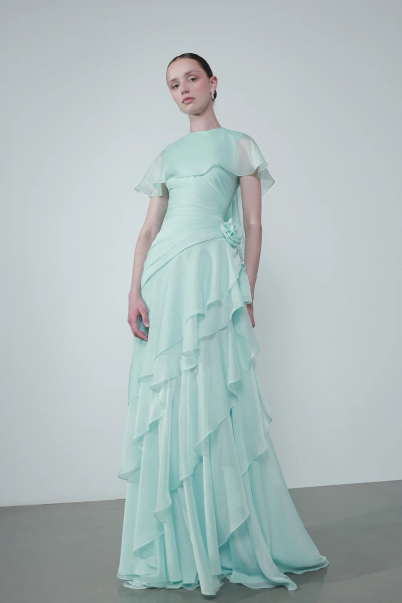 Cap-Shoulder Crew-Neck Floral-Appliqué Waist Tiered Maxi Dress