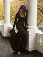 Square Neck Ruffle Long-Sleeve Asymmetrical Hem Maxi Dress