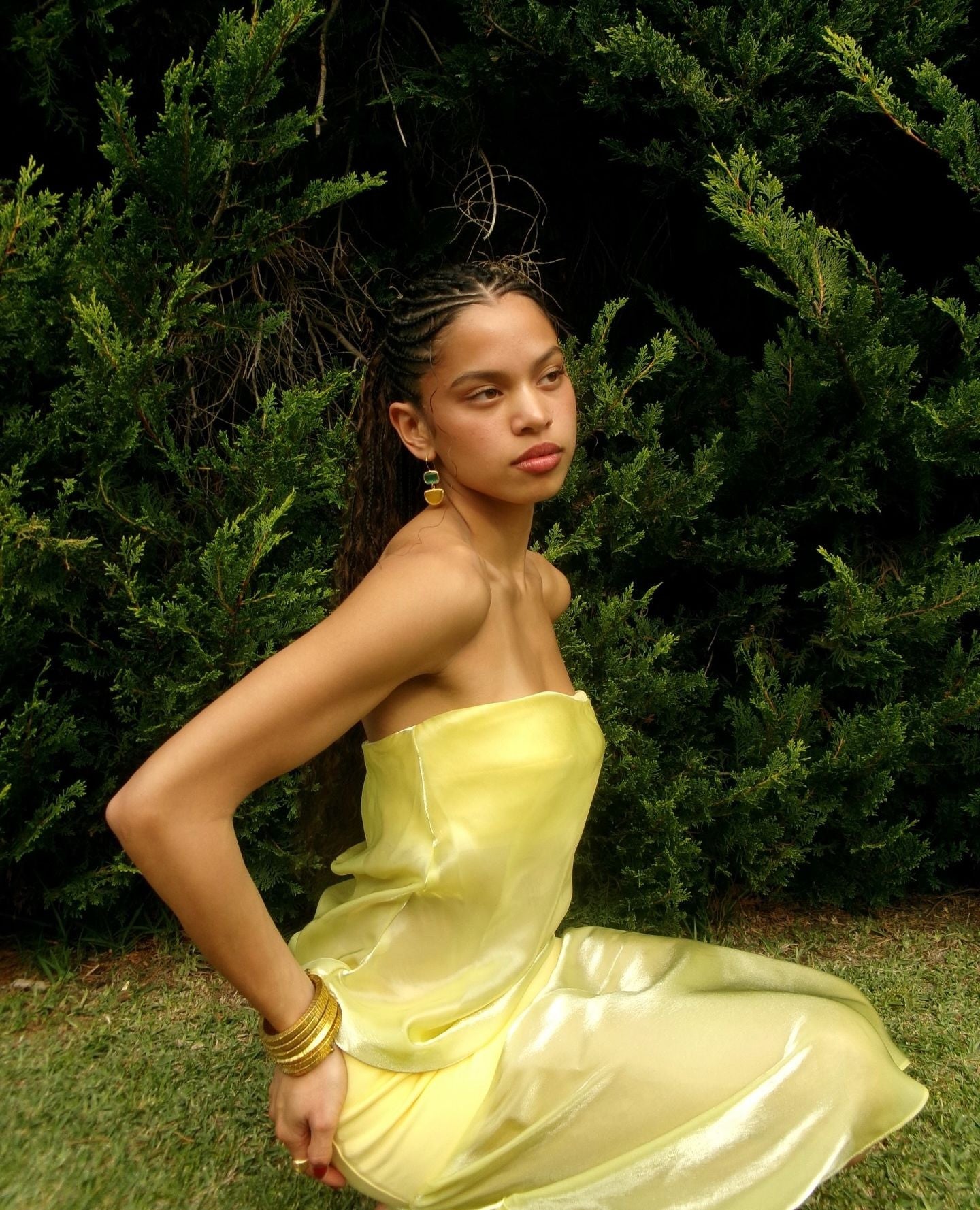 Strapless Iridescent Mesh Four-Way Stretch Paneled Yellow Midi Dress