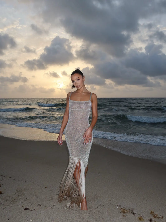 Shimmer Fringe Knit Maxi Dress