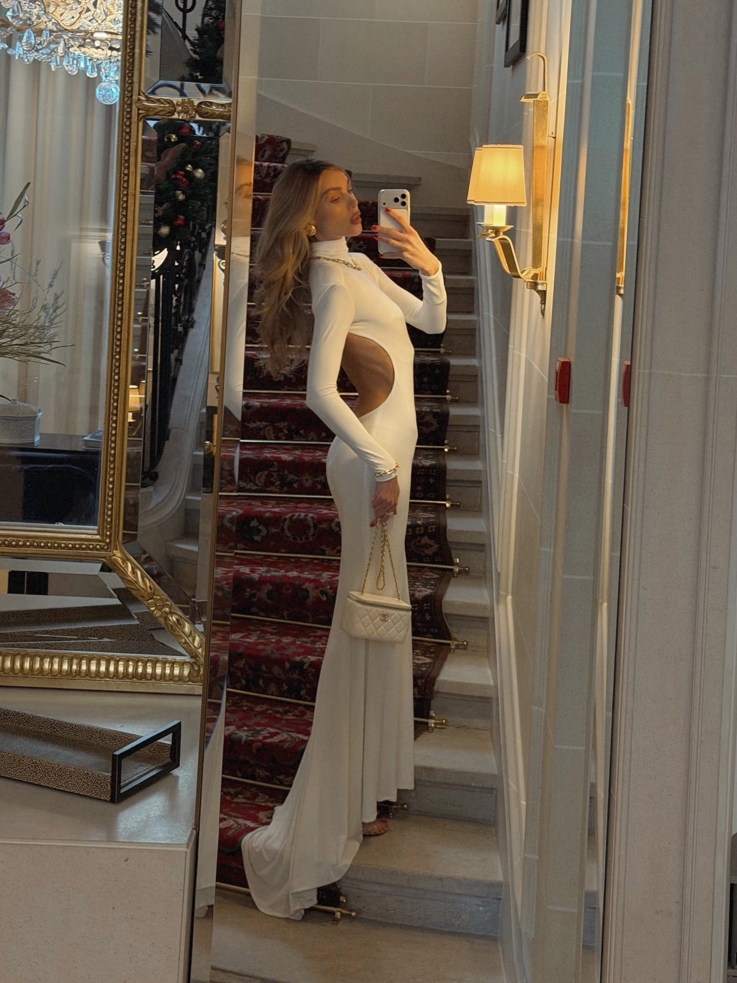 High-Neck Long-Sleeve Backless Asymmetric-Hem Bodycon Dress