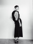 Crew-Neck Asymmetric-Sleeve Open-Back Black Knit Dress