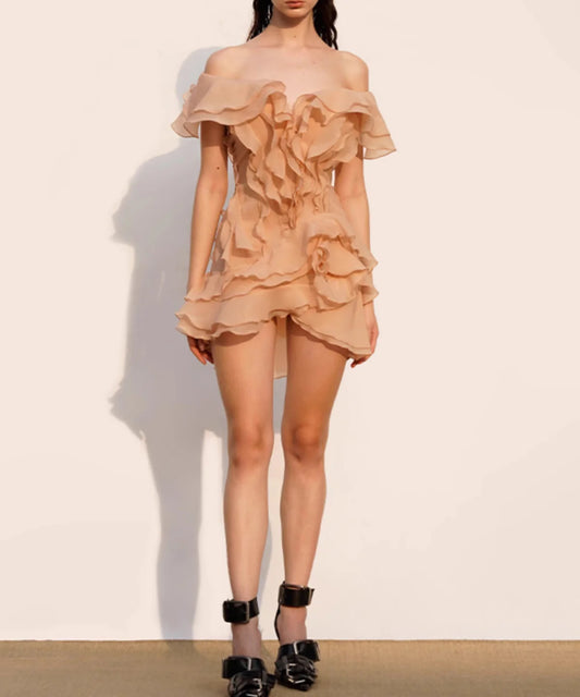 Theia Ruffle Layers Strapless Mini Dress In Beige