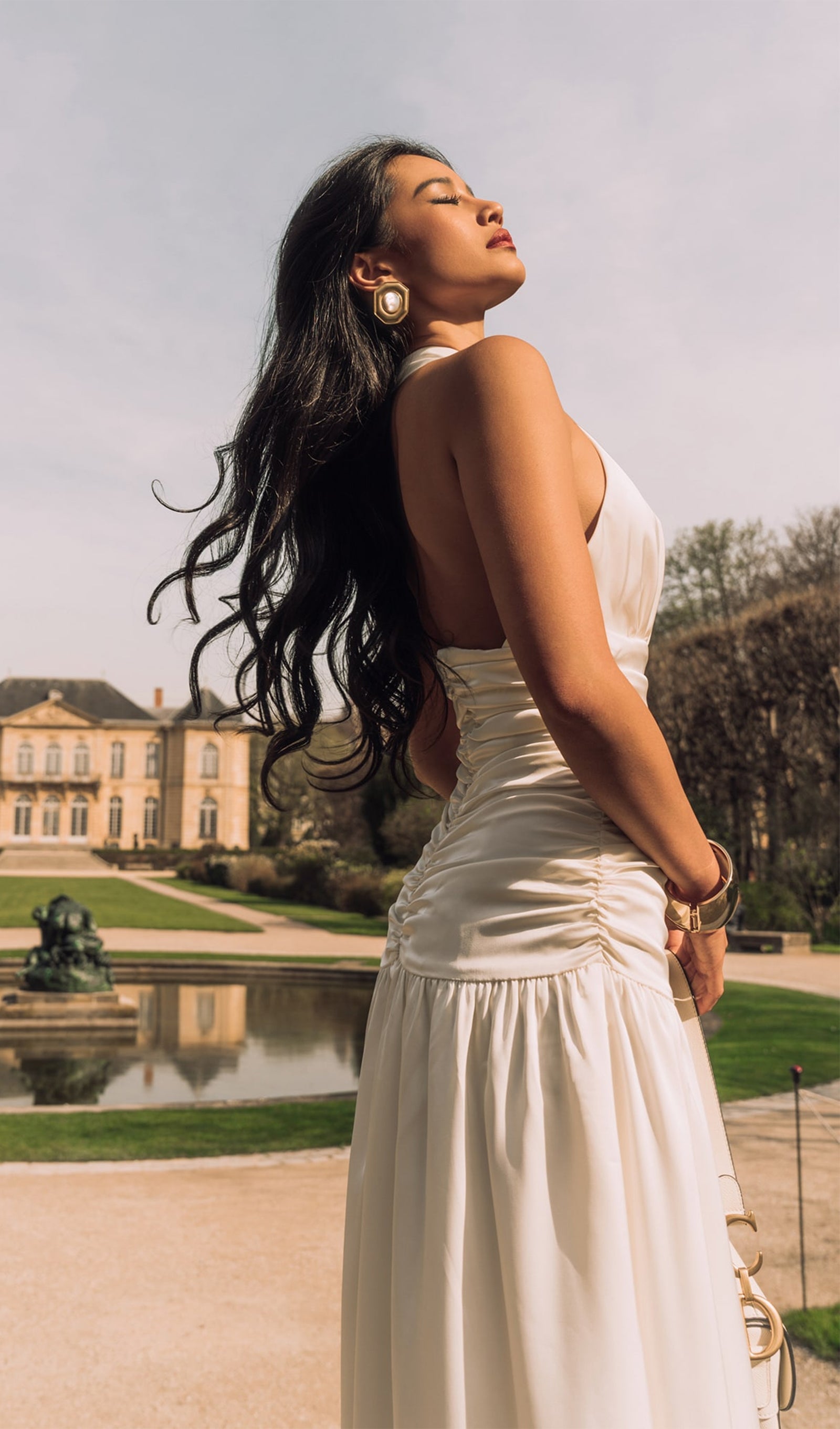 Satin Halter Draped Bodice Maxi Dress