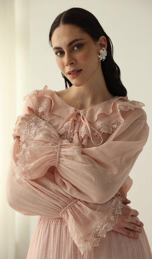 V Neck Lace Panel Ruffled Top