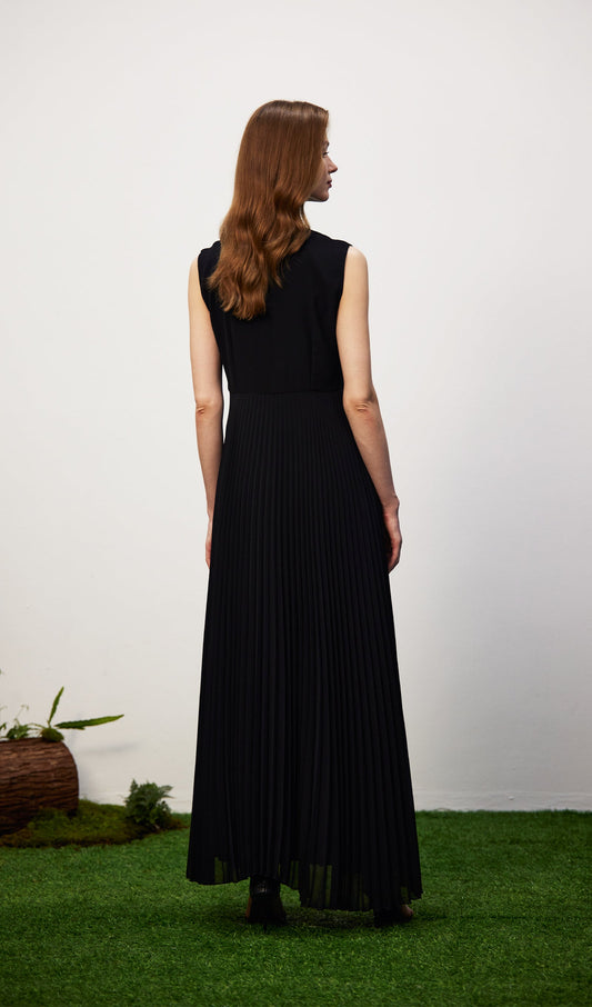 Stretch Knit Pleated Satin Midi Dress