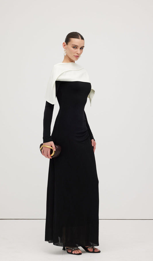 Asymmetrical Draped Shoulder Pleat Maxi Dress