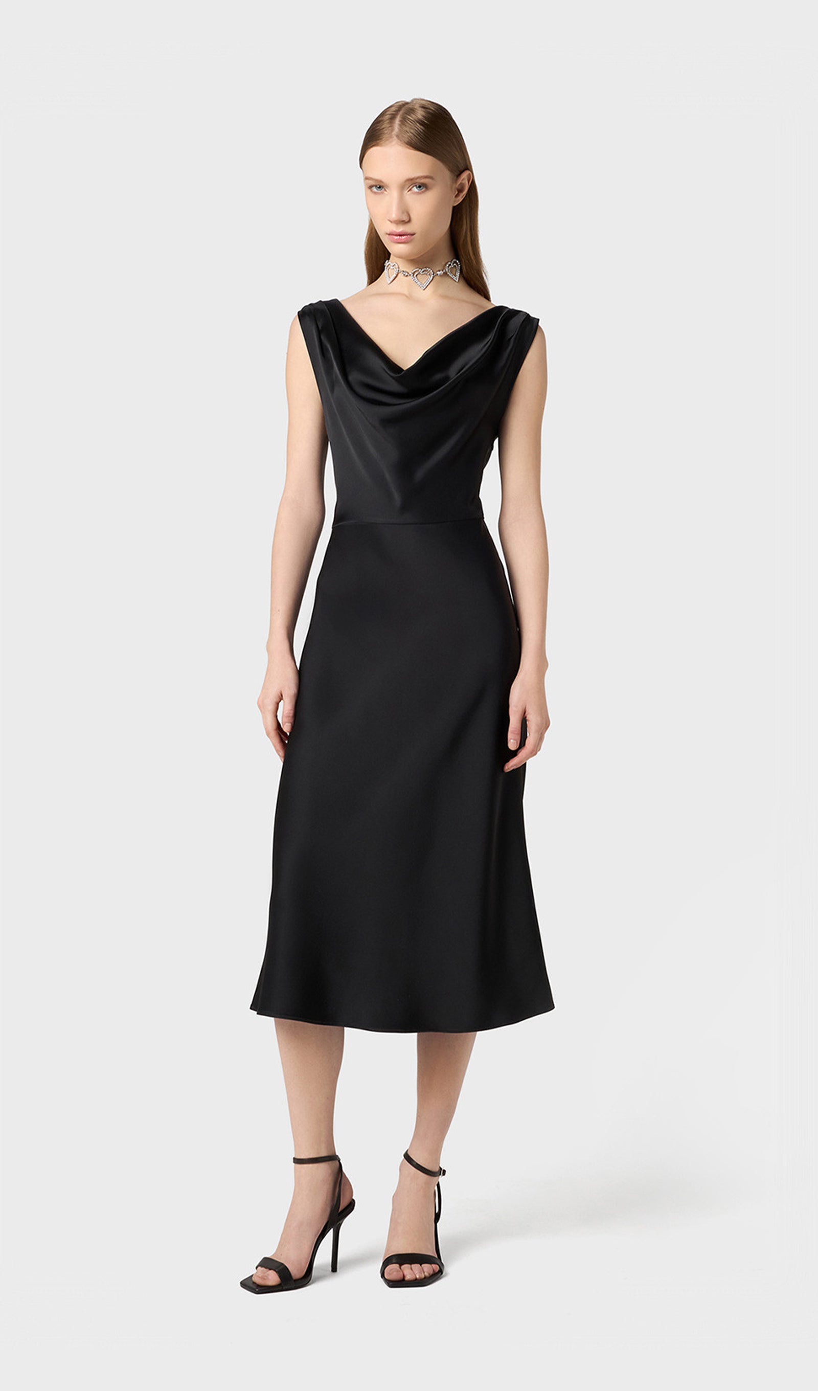 Shiny Satin With Draped Neckline Midi Dress