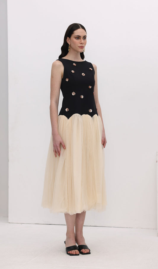 Vintage Contrast Tulle Midi Dress