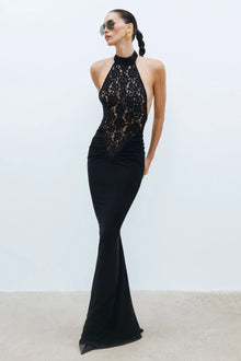 High-Neck Sleeveless Lace-Splicing Ruched-Waist Backless Bodycon Dress
