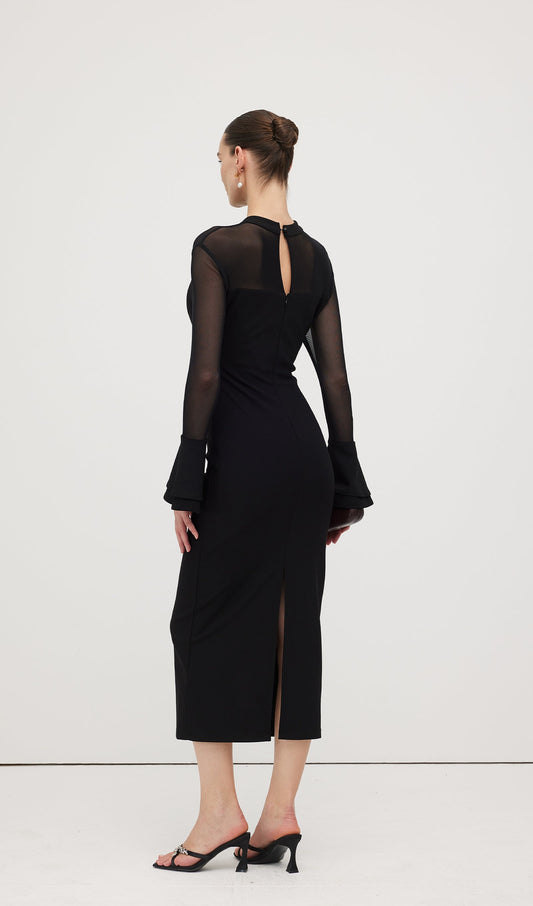 Mesh Stitching Long Sleeve Midi Dress