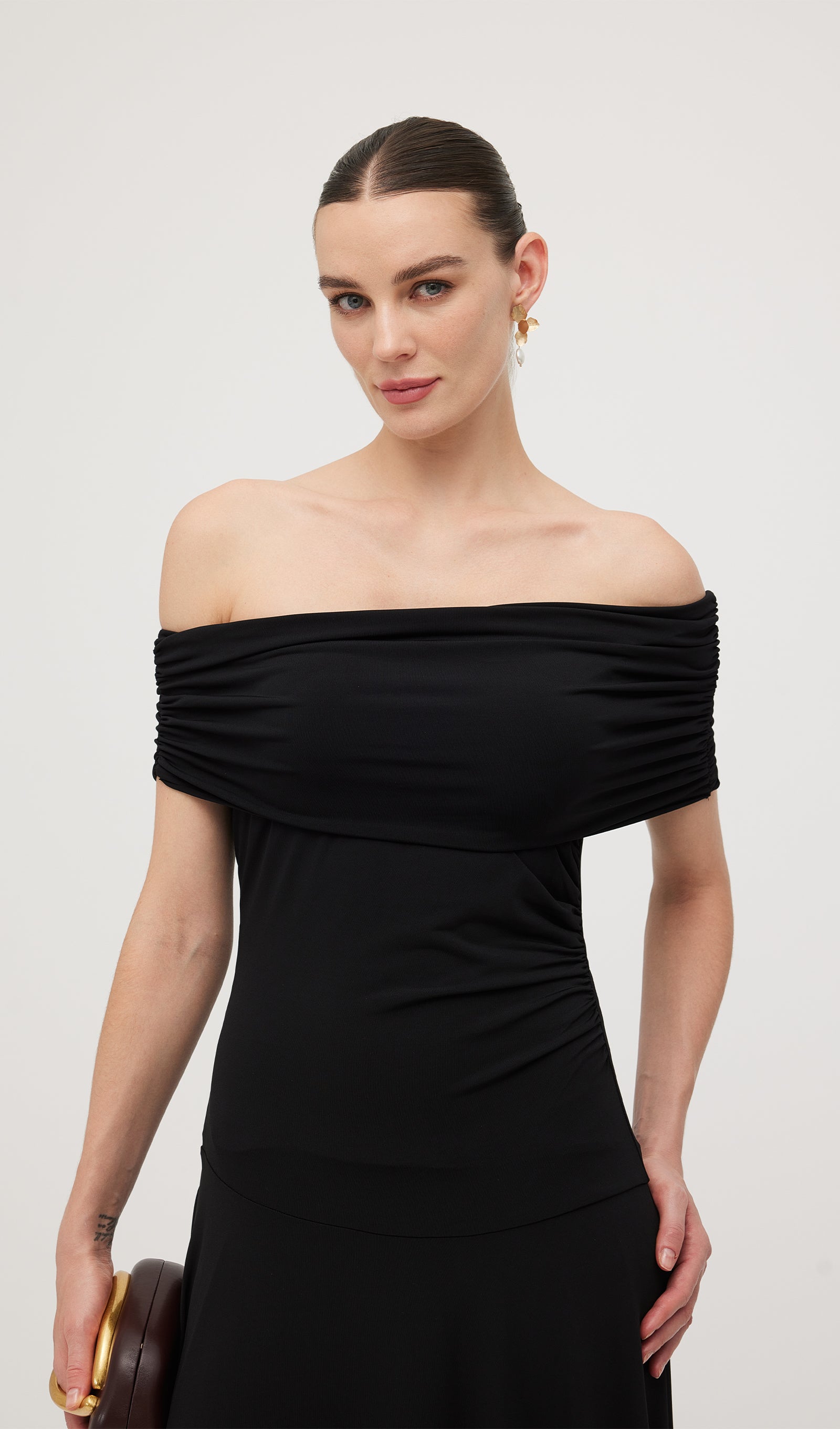 Off Shoulder Draped Midi Dress