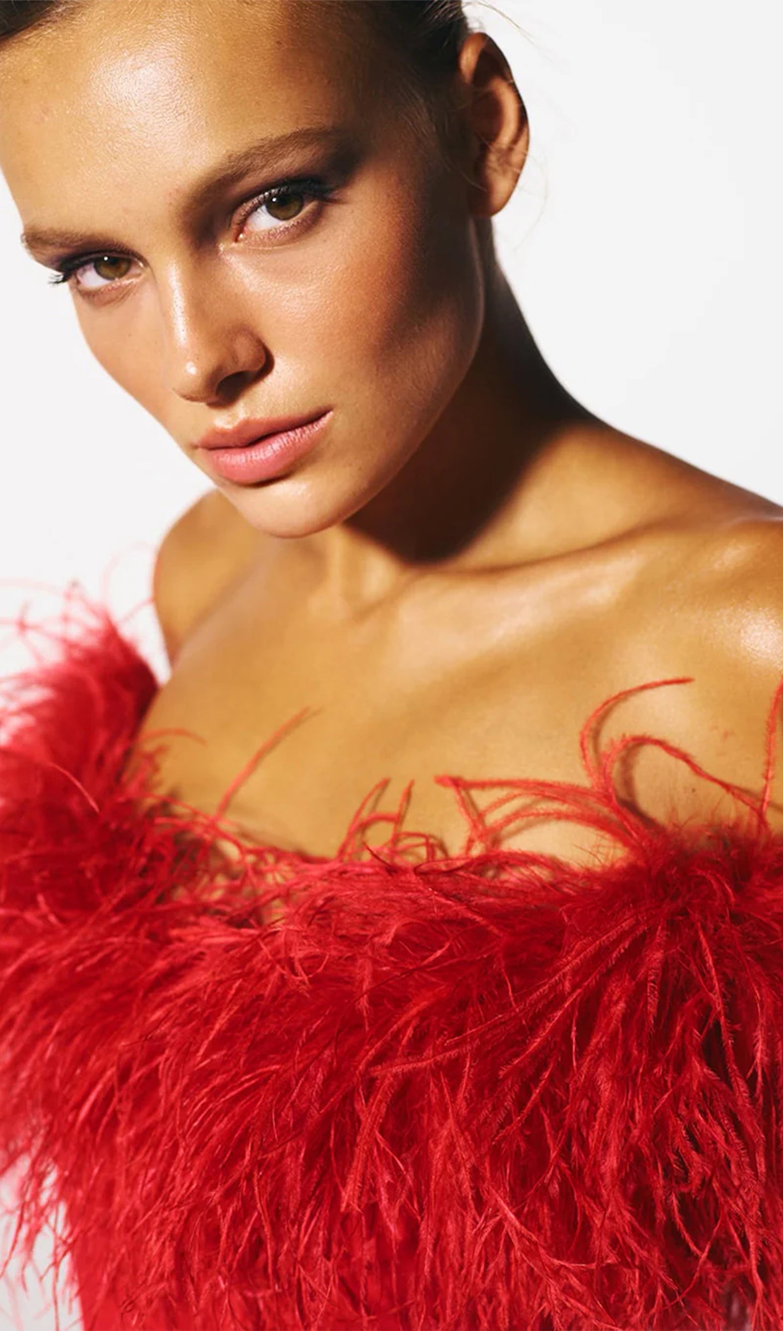 Lena Feather Trimmed Midi Dress Red