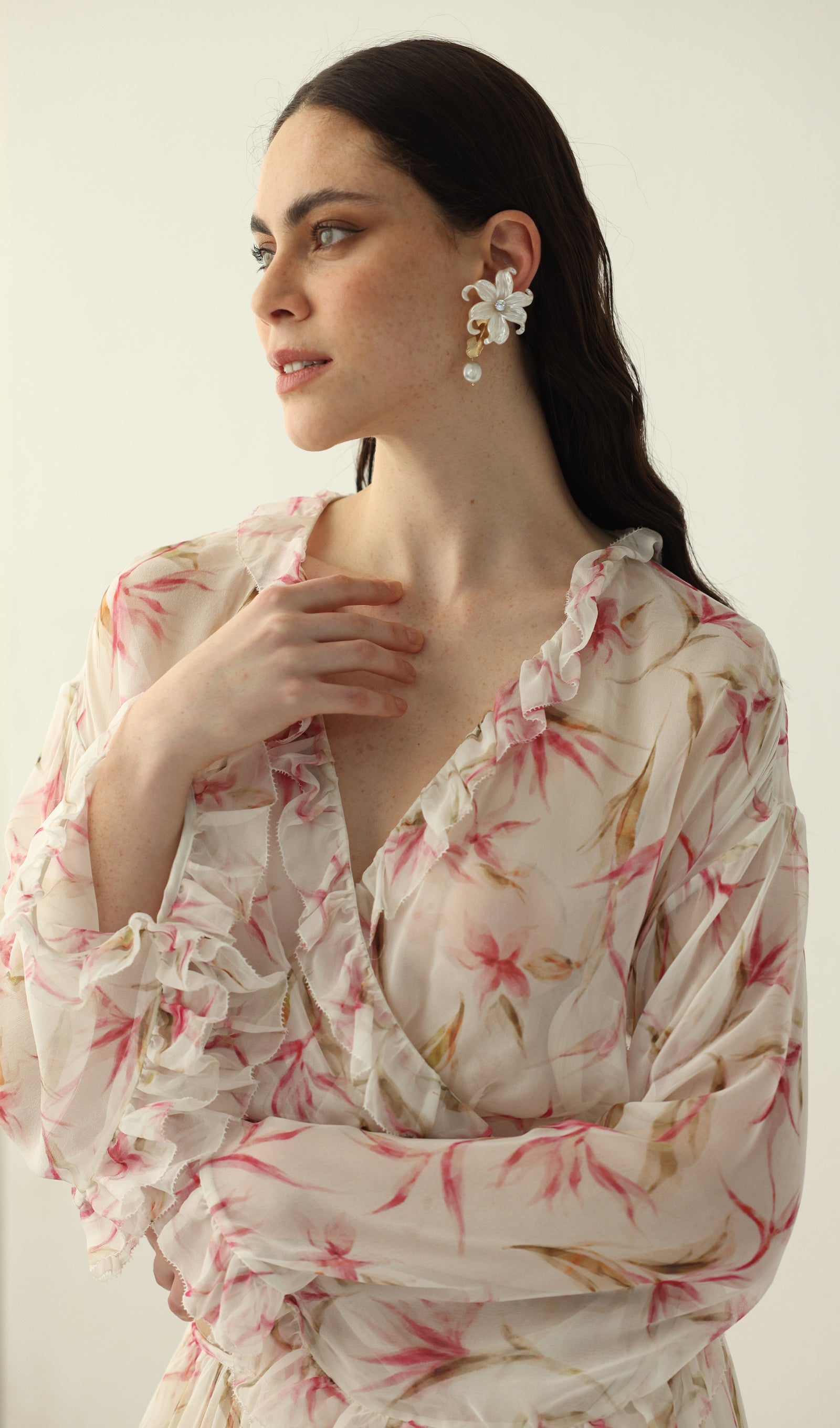 Floral Silk Ruffle Two Piece Sets