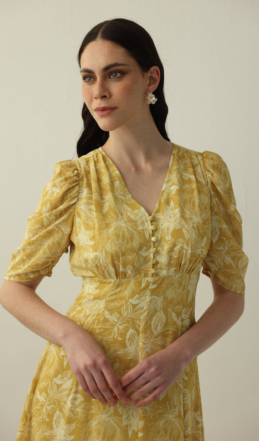 Yellow Printed Short Sleeve Midi Dress