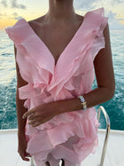 V-Neck Off-Shoulder Layered Ruffled Sleeveless Mini Dress