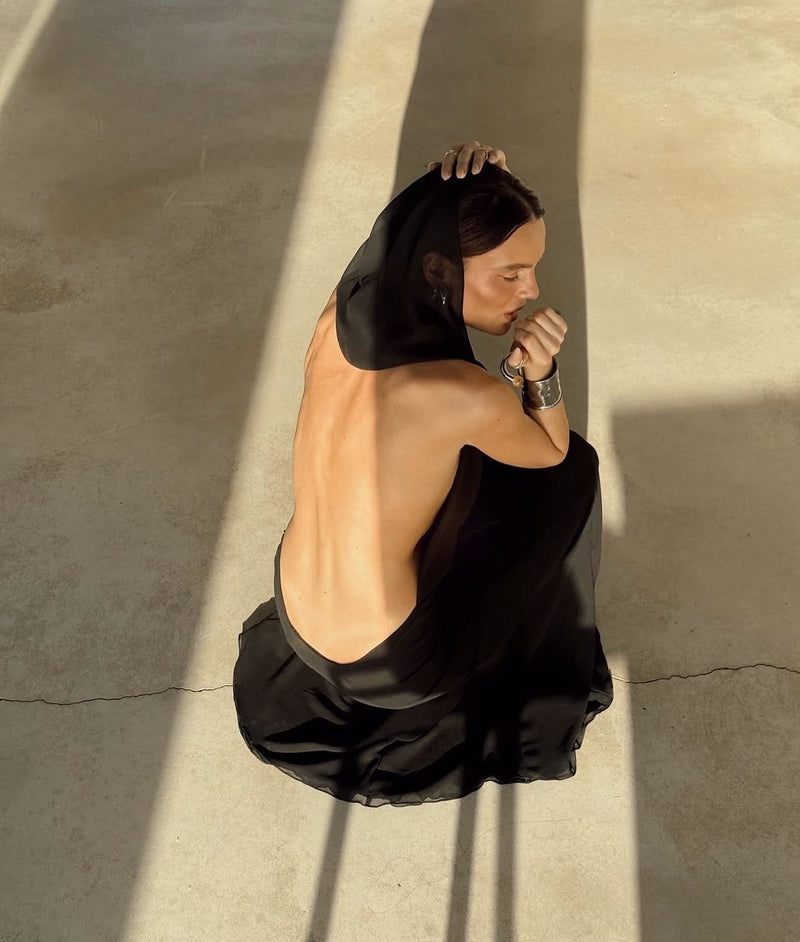 Backless Hooded Chiffon Maxi Dress