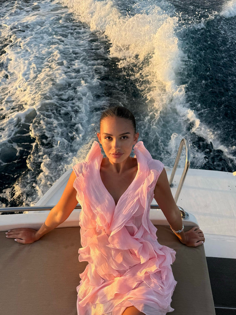 V-Neck Off-Shoulder Layered Ruffled Sleeveless Mini Dress