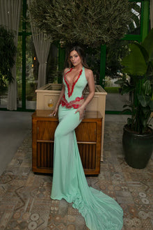 Sleeveless Halter Deep-V Lace-Trim Mesh-Panel Floor-Length Dress