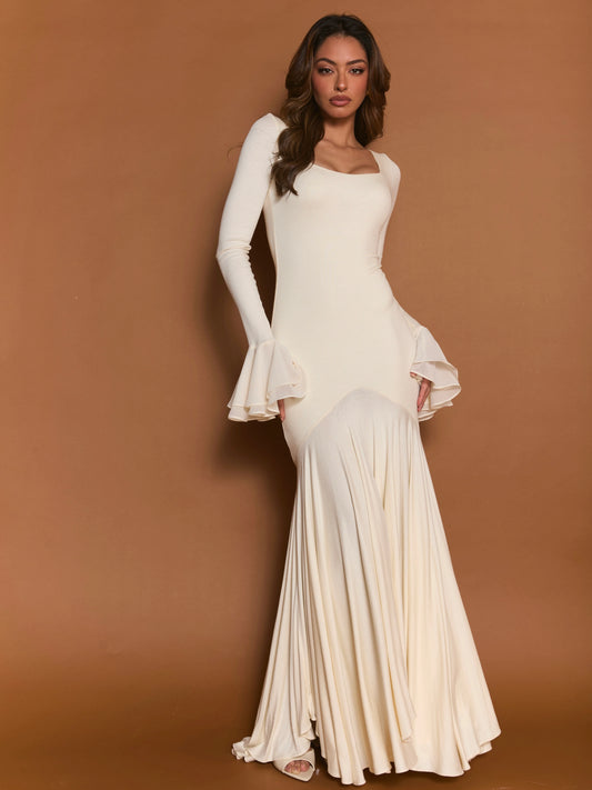 Square Neck Ruffle Long-Sleeve Asymmetrical Hem Maxi Dress