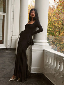 Square Neck Ruffle Long-Sleeve Asymmetrical Hem Maxi Dress