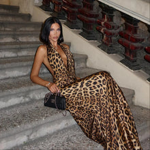 Leopard Print Halter Tie-Backless Maxi Dress