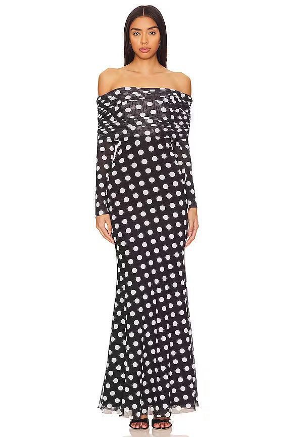 Off-Shoulder Long-Sleeve Polka-Dot Mermaid Dress