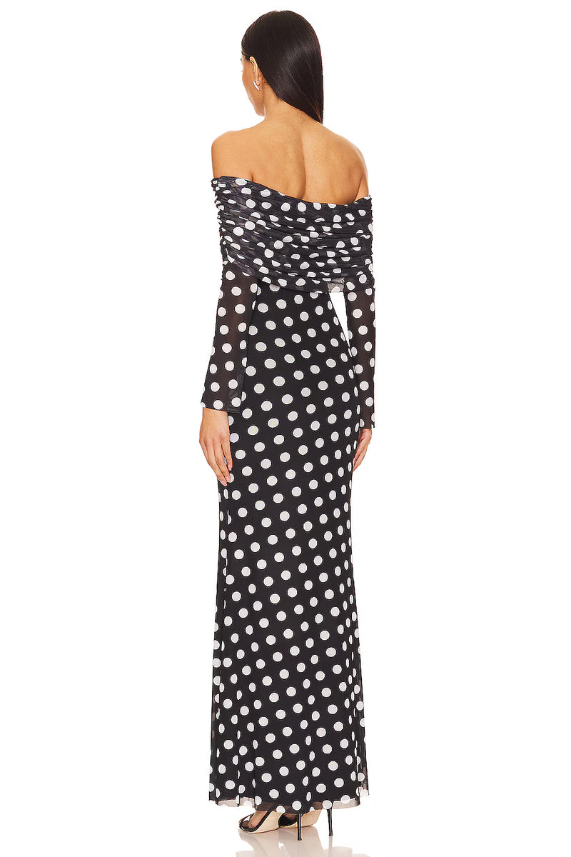 Off-Shoulder Long-Sleeve Polka-Dot Mermaid Dress