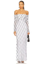 Off-Shoulder Long-Sleeve Polka-Dot Mermaid Dress