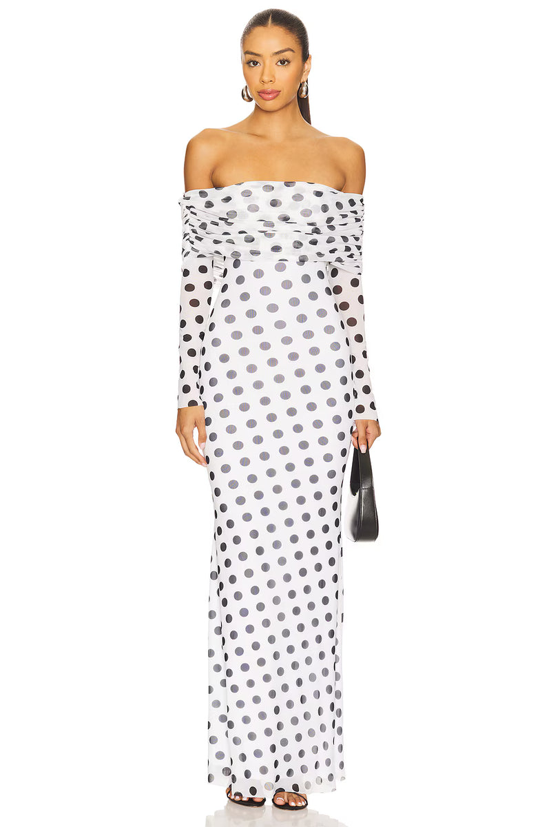 Off-Shoulder Long-Sleeve Polka-Dot Mermaid Dress