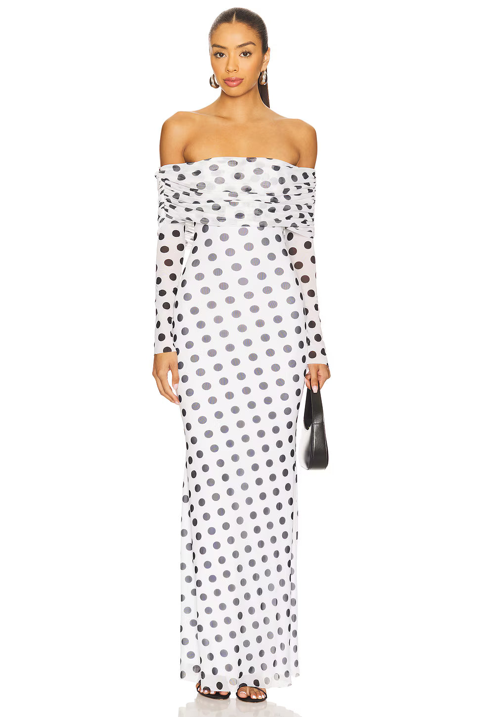 Off-Shoulder Long-Sleeve Polka-Dot Mermaid Dress