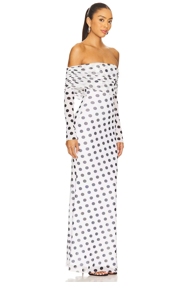 Off-Shoulder Long-Sleeve Polka-Dot Mermaid Dress