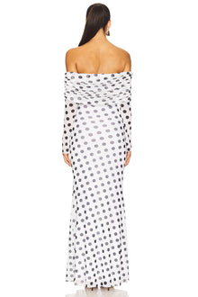 Off-Shoulder Long-Sleeve Polka-Dot Mermaid Dress