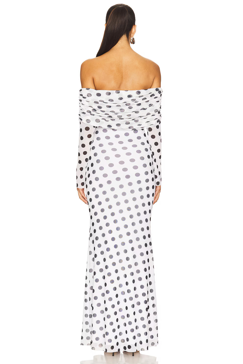 Off-Shoulder Long-Sleeve Polka-Dot Mermaid Dress