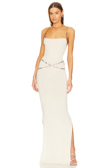 Metal-Chain Strap Bodycon Slit White Dress