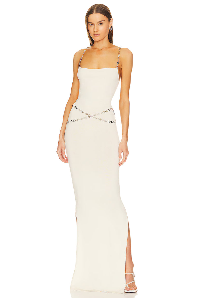 Metal-Chain Strap Bodycon Slit White Dress