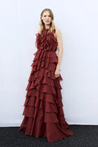 Tiered Ruffle Sleeveless V-Neck Metal-Detail Red Resort Dress