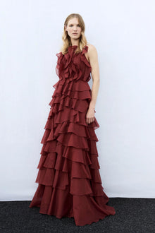 Tiered Ruffle Sleeveless V-Neck Metal-Detail Red Resort Dress