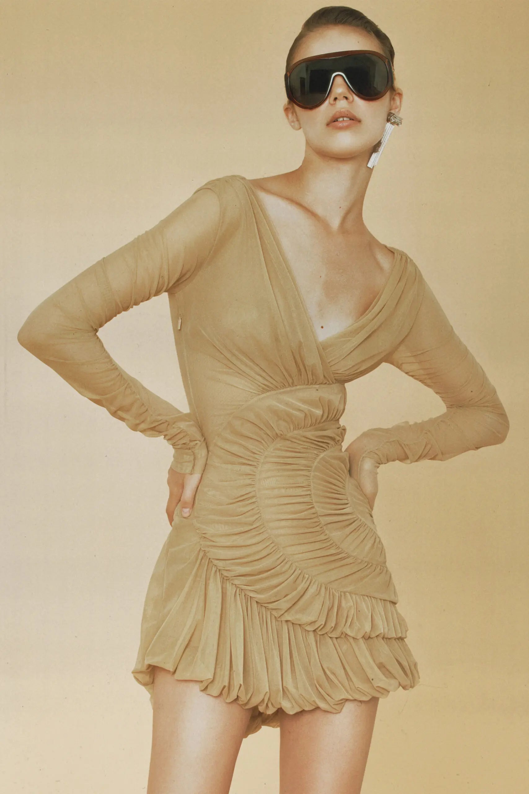 V-neck Ruched Tulle Mini Dress